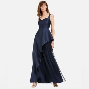 Adrianna Papell Navy Ruffled Tulle Asymmetric Slit Sweetheart Neckline Gown